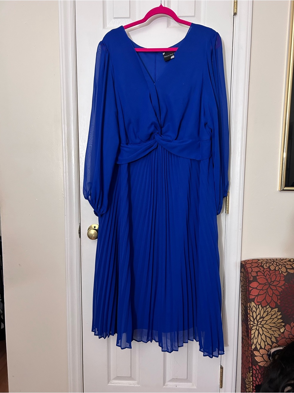 Maison Tara Cobalt Blue Pleated Long-Sleeve Dress